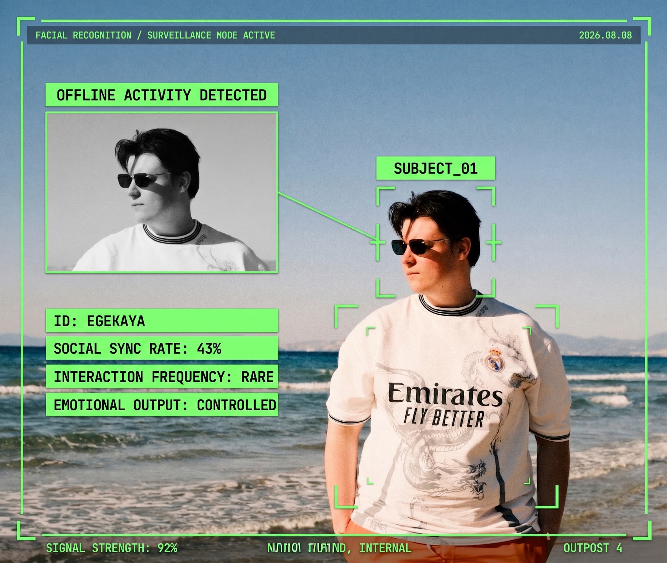 Ege Kaya on a beach, overlaid with a mock facial-recognition interface: a tracking box around his head labelled SUBJECT_01, a black-and-white identification crop, and readouts reading ID EGEKAYA, social sync rate 43 percent, interaction frequency rare, emotional output controlled.